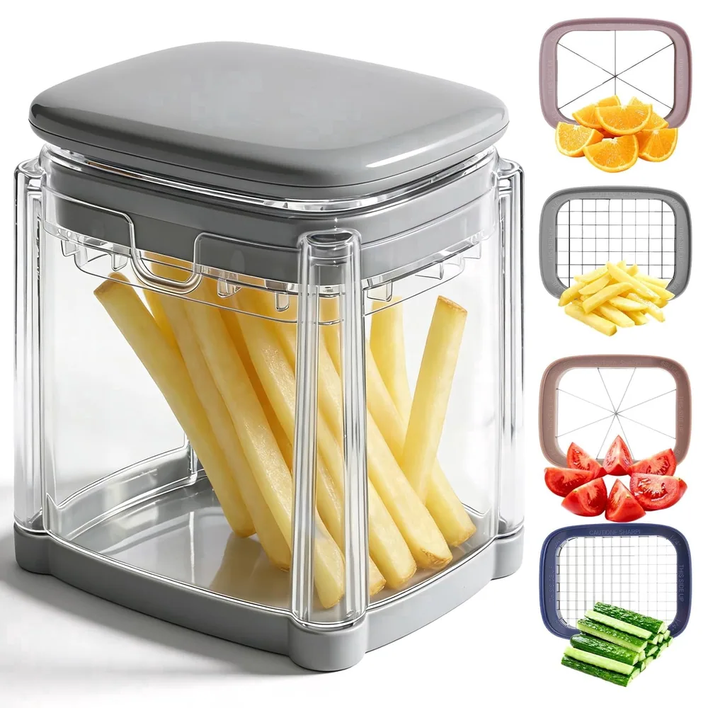 4-In-1 French Fry Cutter for Potatoes, Slicer, Chopper Vegetable Cutter - Dicer Chopper for Carrots, Cucumbers, Onion, Tomato (Gray 4-in-1 French Fry Cutter)